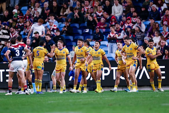 Parramatta players against the Roosters on Saturday night. 