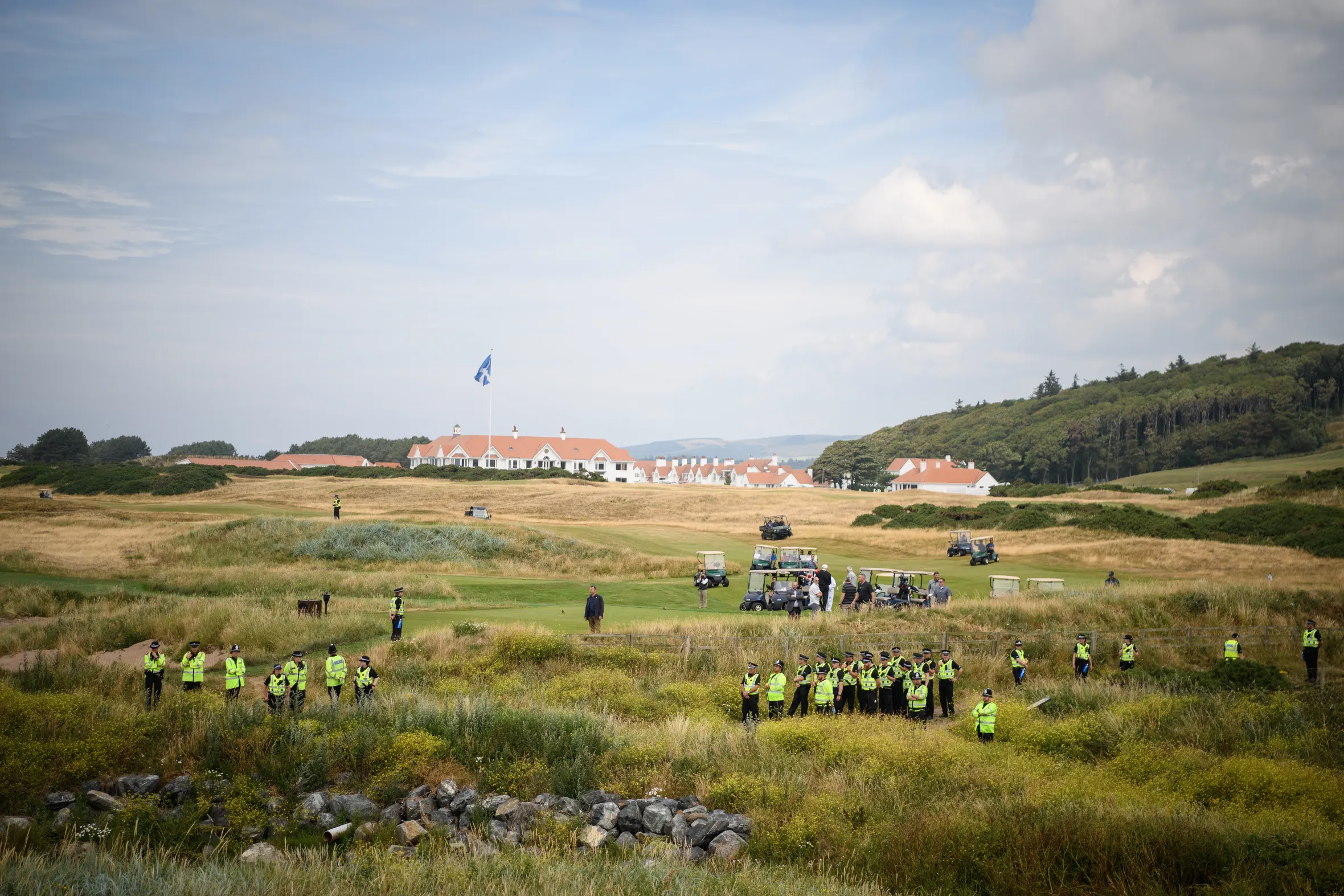 Security and police teams surround the perimeter as Donald Trump plays golf at Trump Turnberry Luxury Collection Resort.