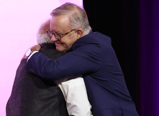 Indian Prime Minister Narendra Modi and Prime Minister Anthony Albanese embrace on Thursday morning.