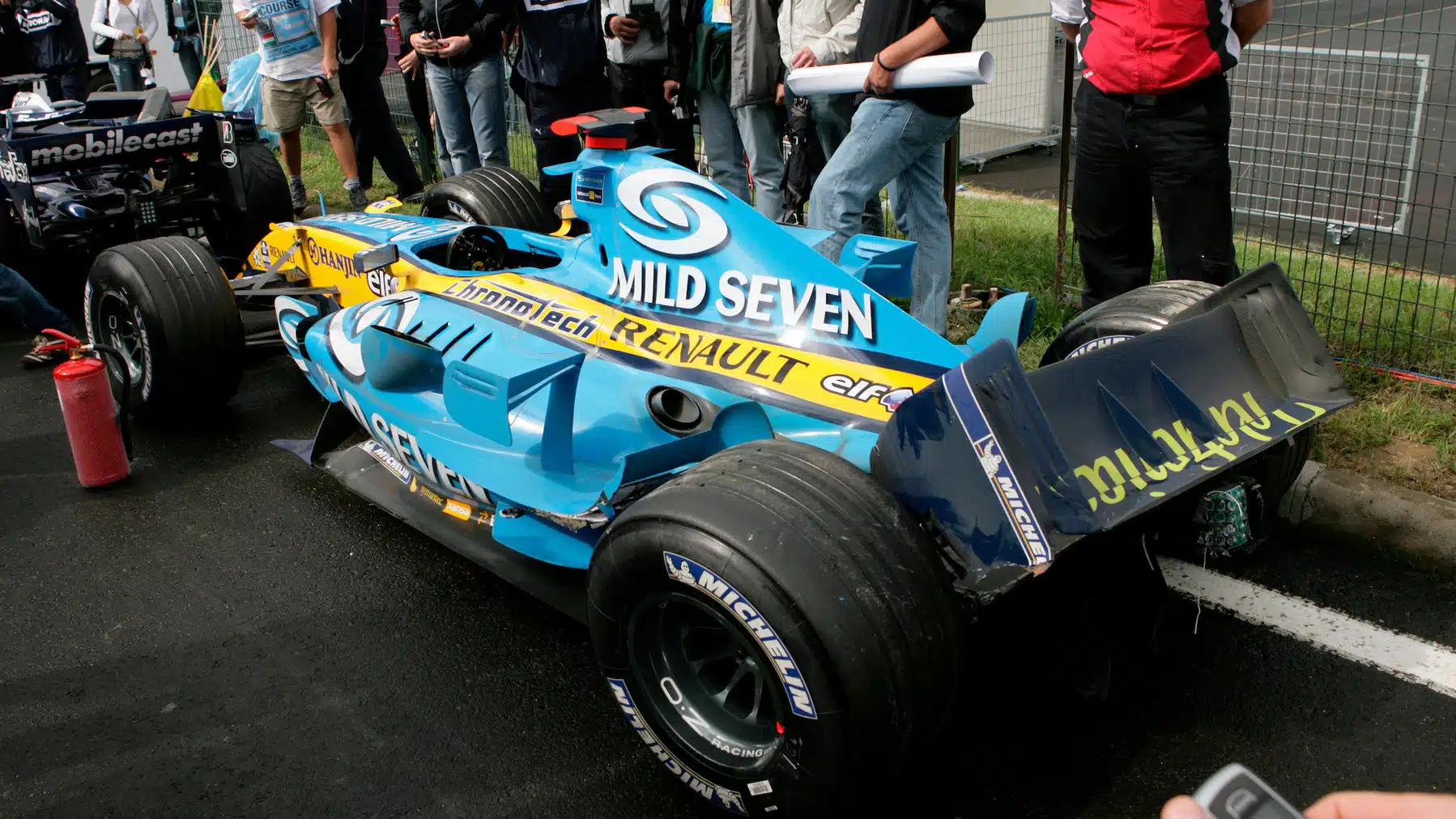The Renault of Fernando Alonso after a crash in the wet 2006 Hungarian Grand Prix