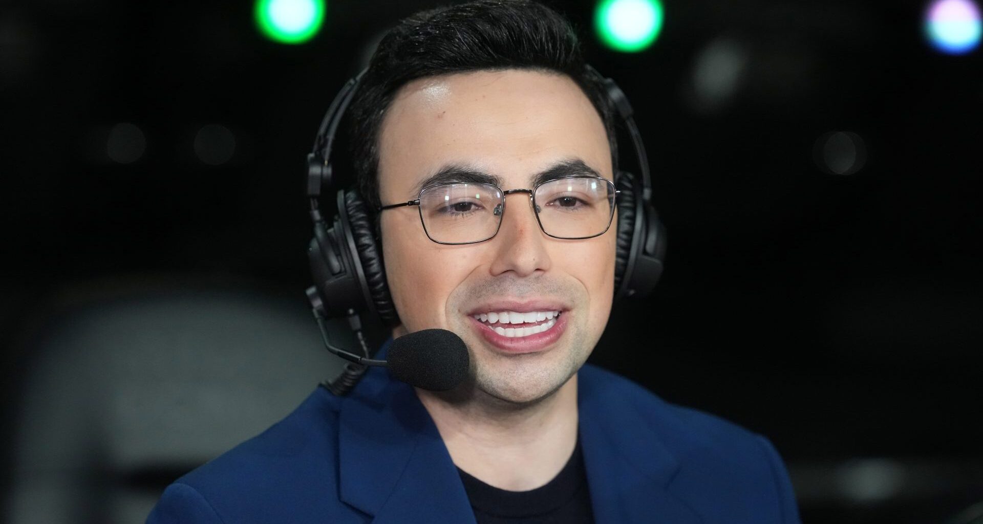 Feb 13, 2026; Inglewood, California, USA; NBC Peacock play-by-play announcer Noah Eagle during an NBA All Star Rising Stars game at Intuit Dome. Mandatory Credit: Kirby Lee-Imagn Images