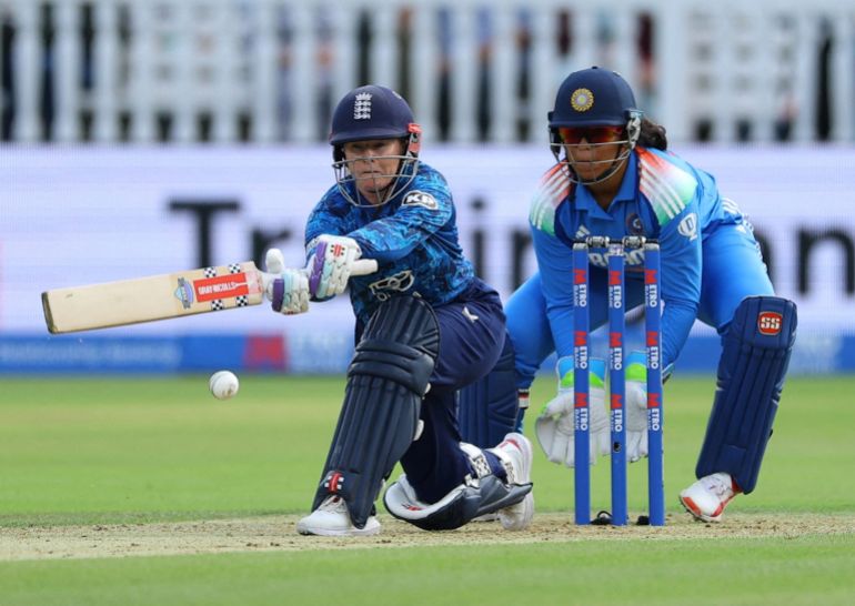 FILE PHOTO: Cricket - Second Women's One Day International - England v India - Lord's Cricket Ground, London, Britain - July 19, 2025 England's Tammy Beaumont hits a four Action Images via Reuters/Andrew Boyers/File Photo