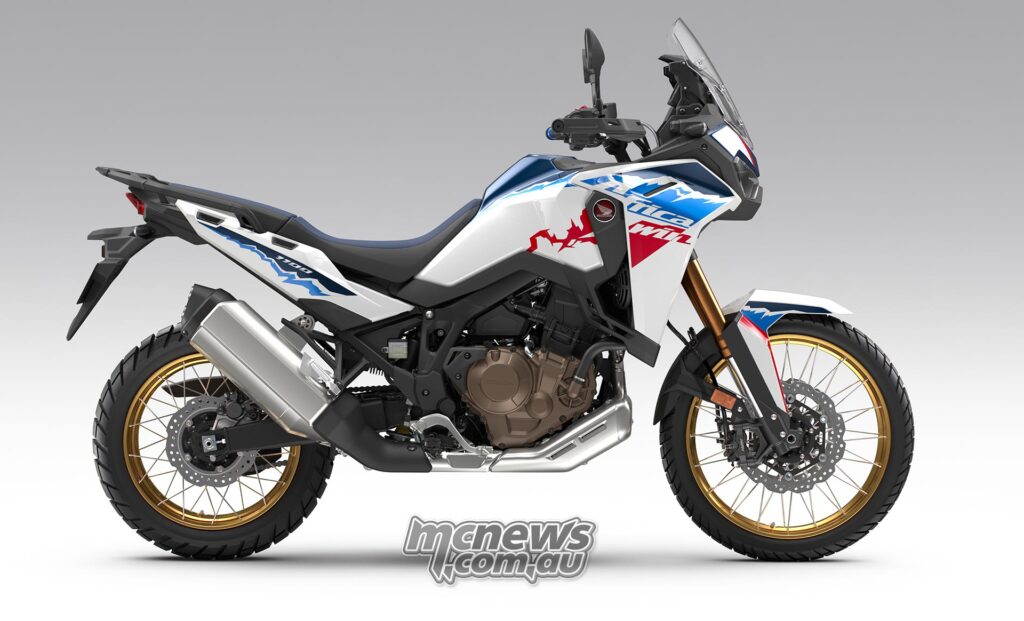 Pearl Glare White Tricolour 2026 Honda Africa Twin manual shown in right-side profile.