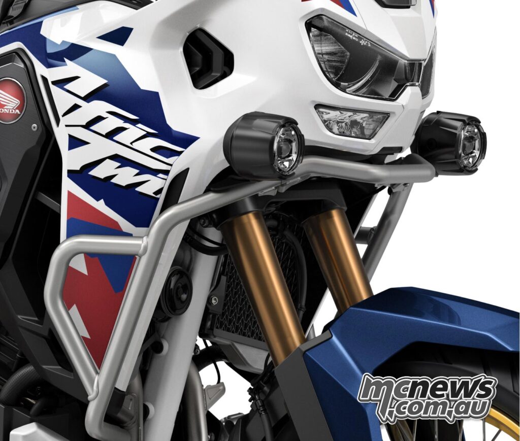 Close-up of optional LED fog lights fitted to a Honda Africa Twin Adventure Sports.