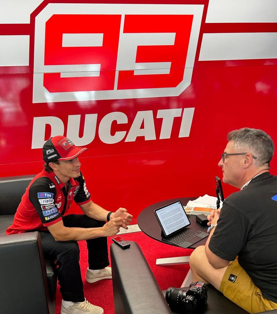 Marc Márquez speaking with Trevor Hedge from MCNews.com.au during a World Ducati Week interview.