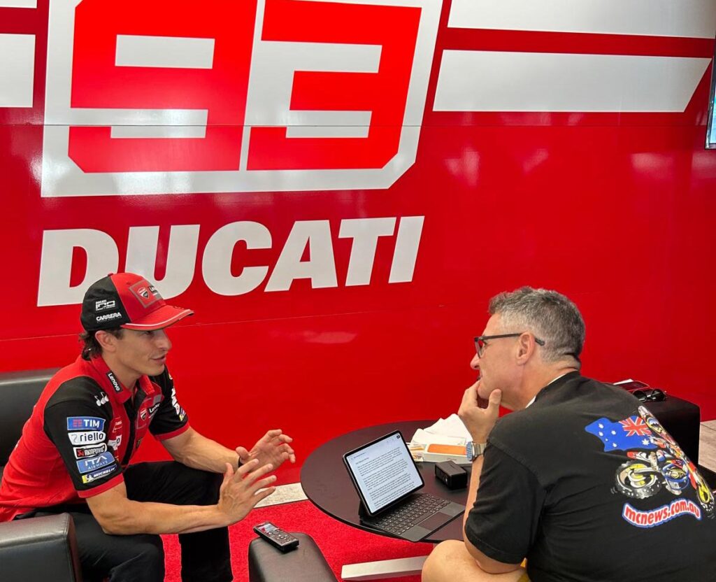 Marc Márquez discussing Ducati, MotoGP aerodynamics and racing technology during an MCNews.com.au interview at World Ducati Week.