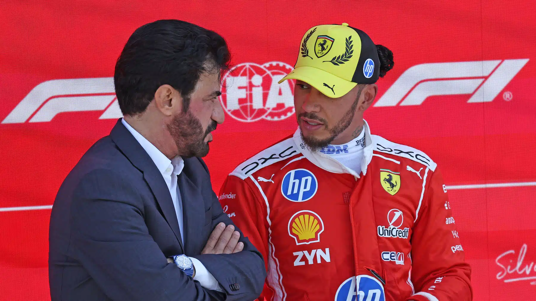 Mohammed ben Sulayem and Lewis Hamilton (Ferrari) after the sprint race before for the 2026 British Grand Prix