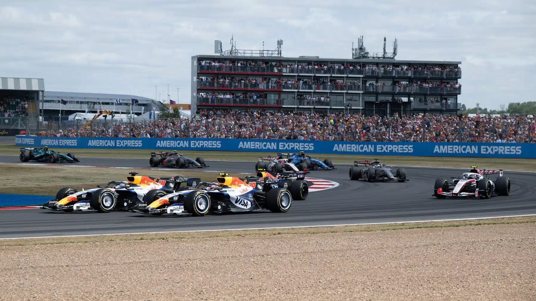 Racing Bulls-Ford drivers Liam Lawson and Arvid Lindblad and others during the sprint before the 2026 British Grand Prix
