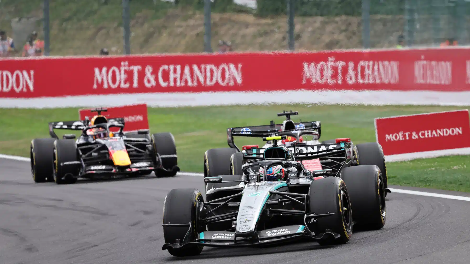 Kimi Antonelli (Mercedes) leads Charles Leclerc (Ferrari) and Max Verstappen (Red Bull-Ford) during the 2026 Belgian Grand Prix
