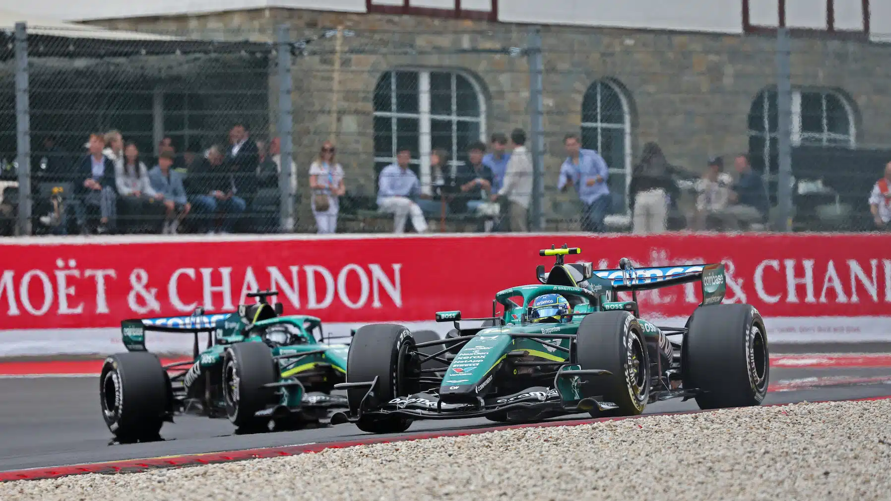 Fernando Alonso leads Aston Martin-Honda teammate Lance Stroll during the 2026 Belgian Grand Prix