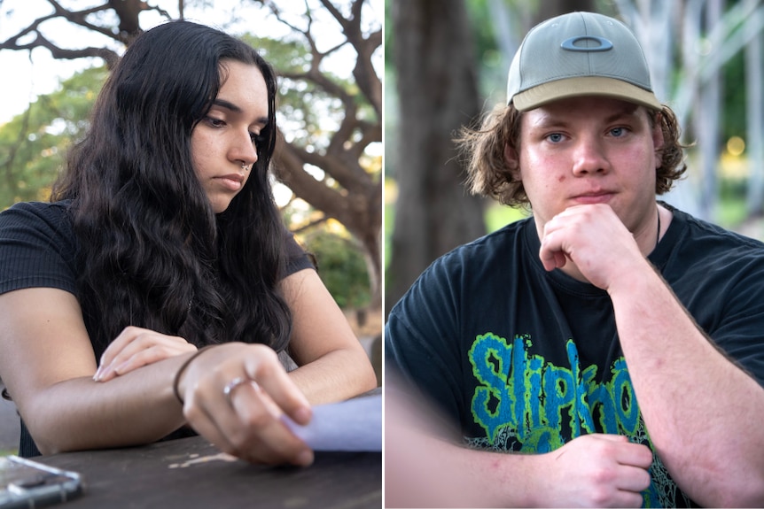 A two-image collage, left is a young woman with long black hair, right is a young man with long brown/blonde hair and cap.