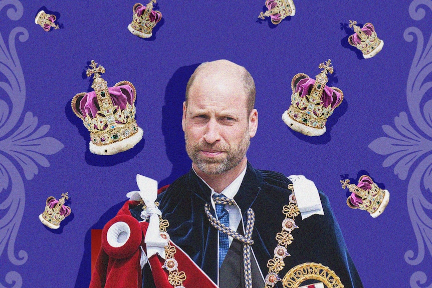 graphic image of prince william on a purple background with crowns falling like rain