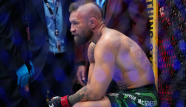 Conor McGregor reacts after losing to Max Holloway in a welterweight fight at the UFC 329 mixed ...