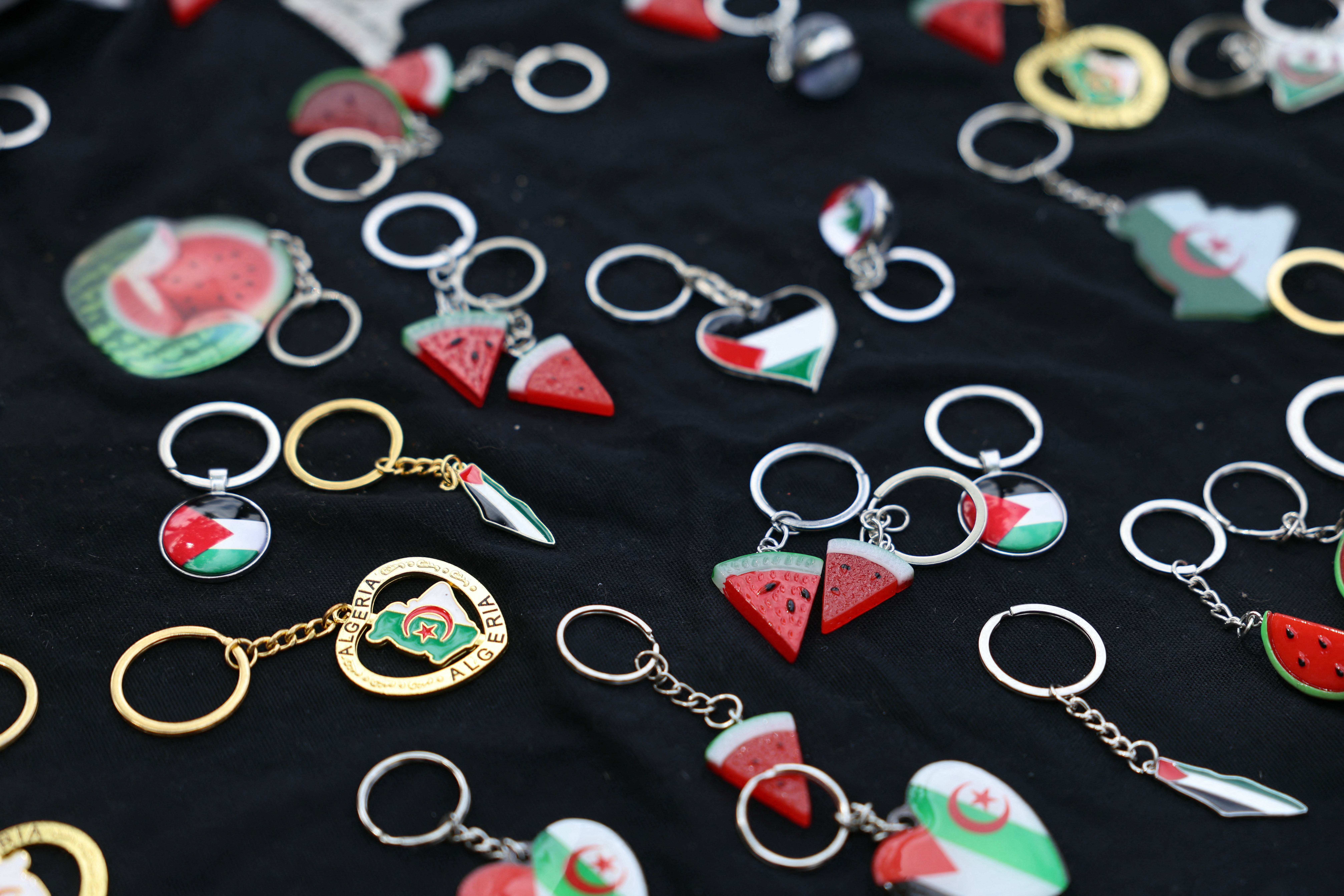 Keychains with watermelon slices as a symbol of public expression by Palestinians in demonstrations and works of art representing the struggle against the Israeli occupation of the Palestinian territories