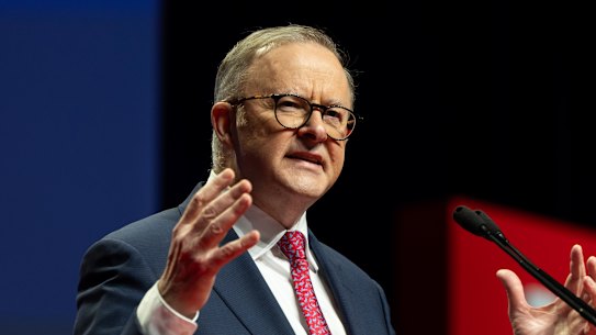 Prime Minister Anthony Albanese addresses the national Labor conference in 2023.