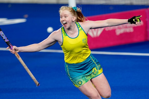 Australian hockey player Amy Lawton celebrates a goal. Hockey was cut from the Commonwealth Games. 