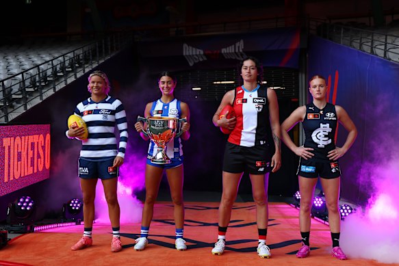 AFLW players Georgie Prespakis, Taylah Gatt, Jesse Tawhiao-Warlaw and Sophie McKay.