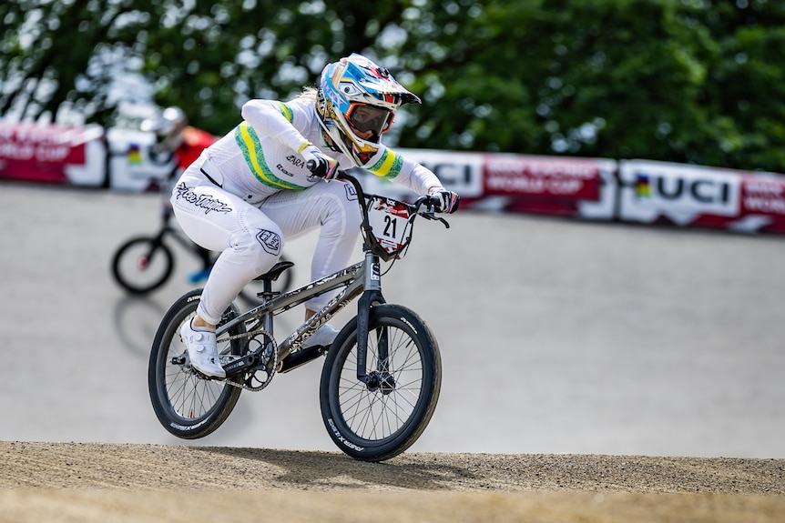 Lauren Reynolds races on a BMX bike