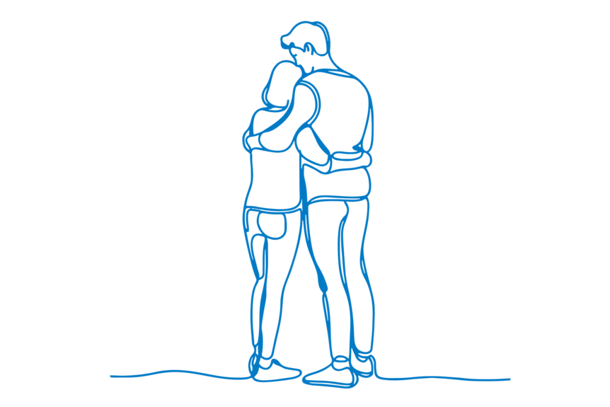 A line illustration of a couple embracing.