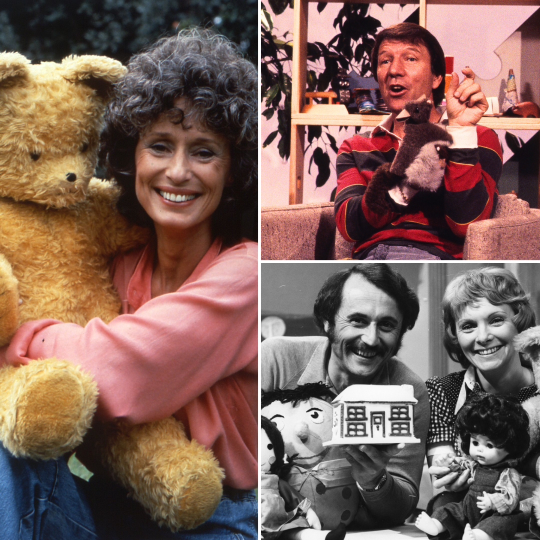 Three images together. Two women and two men presenting a kids show.
