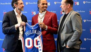 The Sixers have been busy this offseason, with Mike Gansey trading for Jaylen Brown and drafting Labaron Philon Jr. (center) in the first round of the NBA draft.