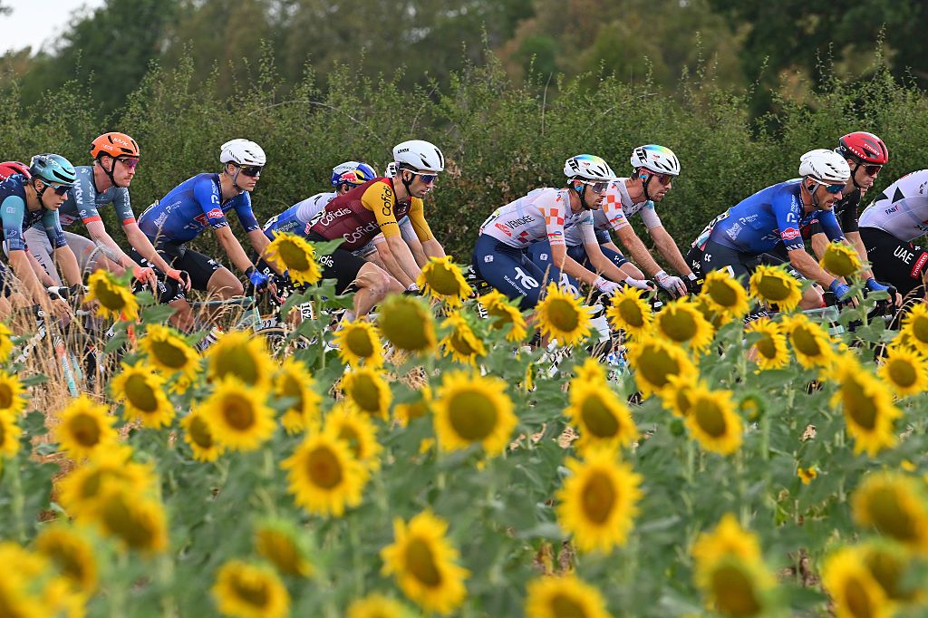 NEVERS, FRANCE - JULY 15: (L-R) Vlad Van Mechelen of Belgium and Team Bahrain - Victorious, Ramses Debruyne of Belgium and Team Alpecin-Premier Tech, Mattia Cattaneo of Italy and Team Red Bull - BORA - hansgrohe, Piet Allegaert of Belgium and Team Cofidis, Jordan Jegat of France and Team TotalEnergies compete during the 113th Tour de France 2026, Stage 11 a 161.3km stage from Vichy to Nevers / #UCIWT / on July 15, 2026 in Nevers, France. (Photo by Tim de Waele/Getty Images)