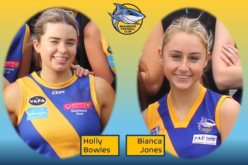 Holly Bowles and Bianca Jones are pictured in their blue and yellow Beaumaris Football Club uniforms.