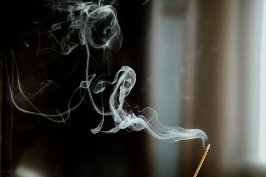 Close up of a lit incense stick with grey tendrils of smoke wafting from it.