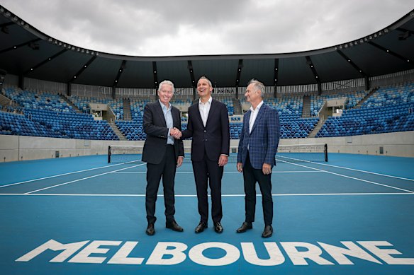 Craig Tiley (left), pictured with TA president Chris Harrop (right), has handed the CEO role to Andrew Abdo.