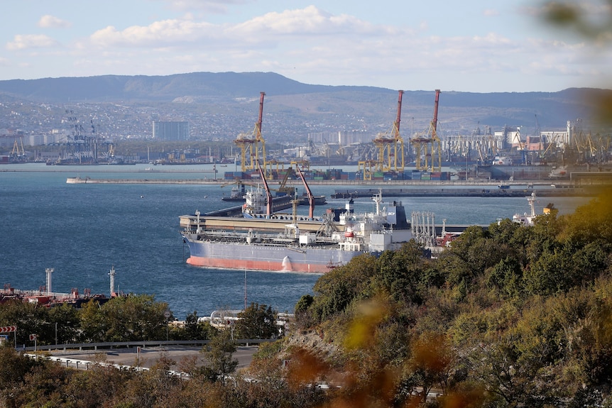 An oil tanker is moored at the Sheskharis complex in russia
