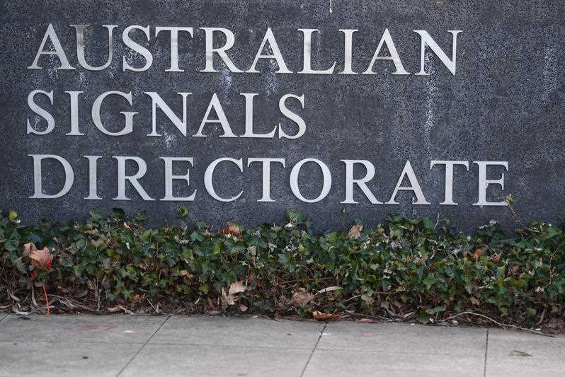 Lettering on a wall that reads Australian Signals Directorate with some ivy and dead leaves underneath it at ground level