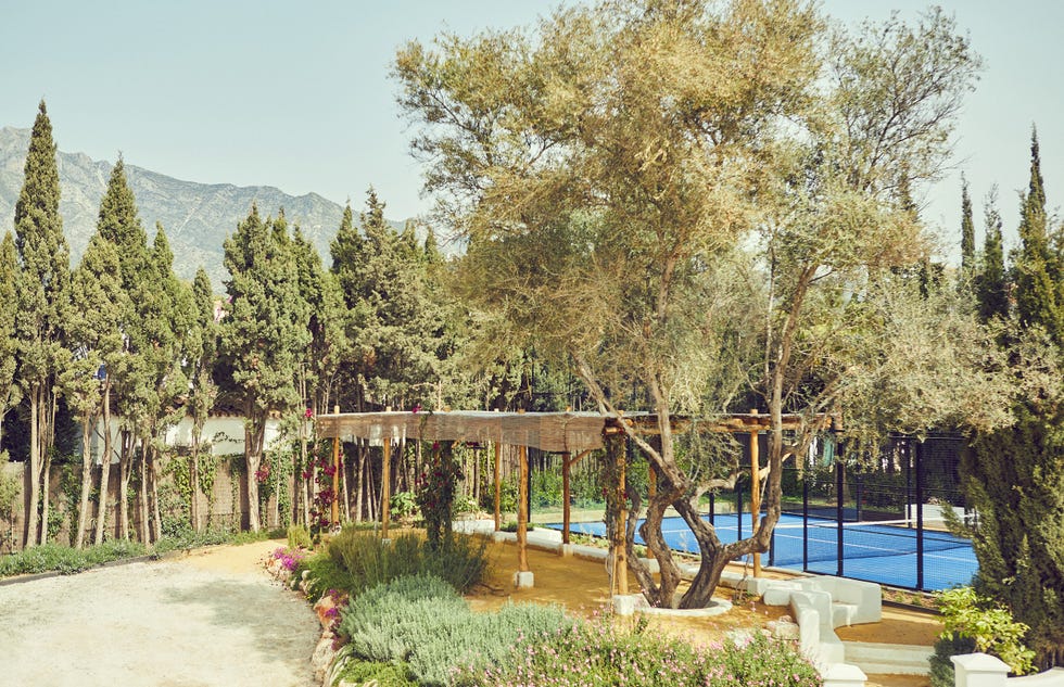 Marbella Club garden with pergola and tennis court, surrounded by trees and mountains in the background.