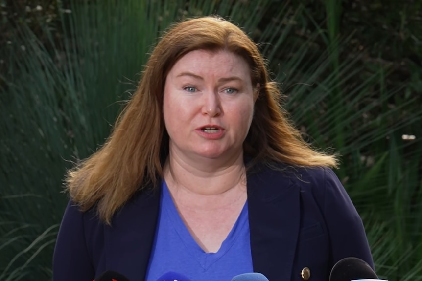 Tara Moriarty with long brunette hair, a navy blazer and bright blue top, speaking in front of a bush.