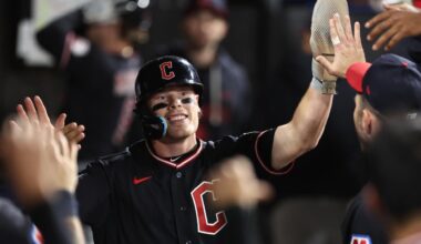 CHICAGO, ILLINOIS - JUNE 22: Travis Bazzana #37 of the Cleveland Guardians celebrates scoring during the ninth inning against the Chicago White Sox at Rate Field on June 22, 2026 in Chicago, Illinois. (Photo by Geoff Stellfox/Getty Images)