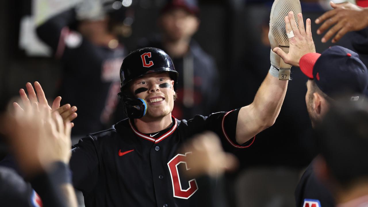 CHICAGO, ILLINOIS - JUNE 22: Travis Bazzana #37 of the Cleveland Guardians celebrates scoring during the ninth inning against the Chicago White Sox at Rate Field on June 22, 2026 in Chicago, Illinois. (Photo by Geoff Stellfox/Getty Images)