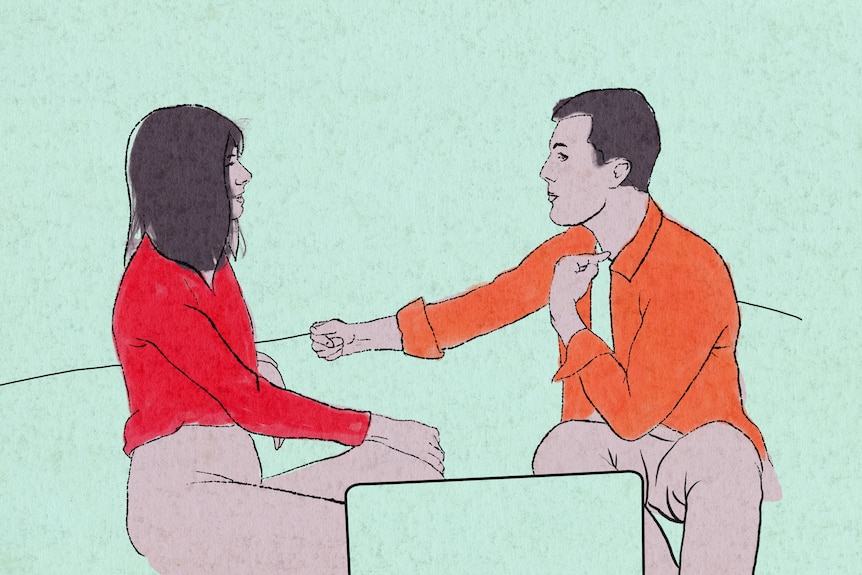 An illustration of a couple sitting and talking on a couch, laptop in front, man has hand pointing to towards his chest.