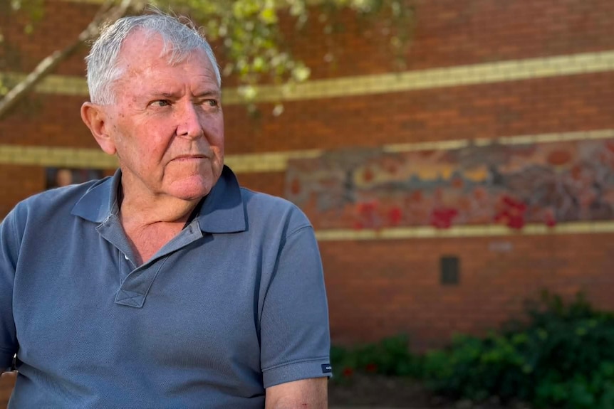 Man staring off to the side in front of Anzac wall