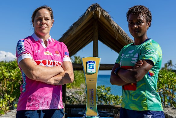 Emily Chancellor of the NSW Waratahs and Kolora Lomani of the Fijian Drua pose for a photo ahead of the 2026 Super Rugby Women’s grand final match between Fijian Drua and NSW Waratahs.