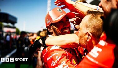 Lewis Hamilton celebrating with the Ferrari team