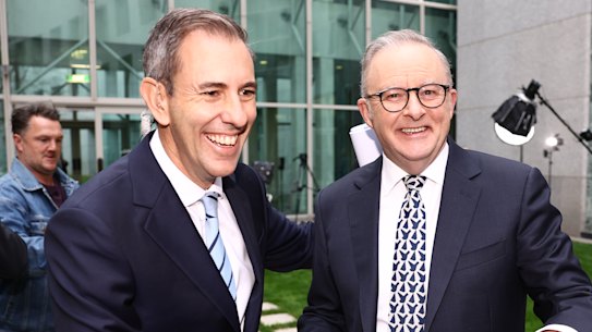 Treasurer Jim Chalmers and Prime Minister Anthony Albanese selling the budget in May. The budget is on track to be in surplus two years earlier than originally forecast.