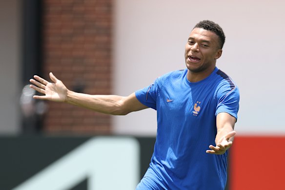 Kylian Mbappe during France’s training session ahead of their match against Spain.