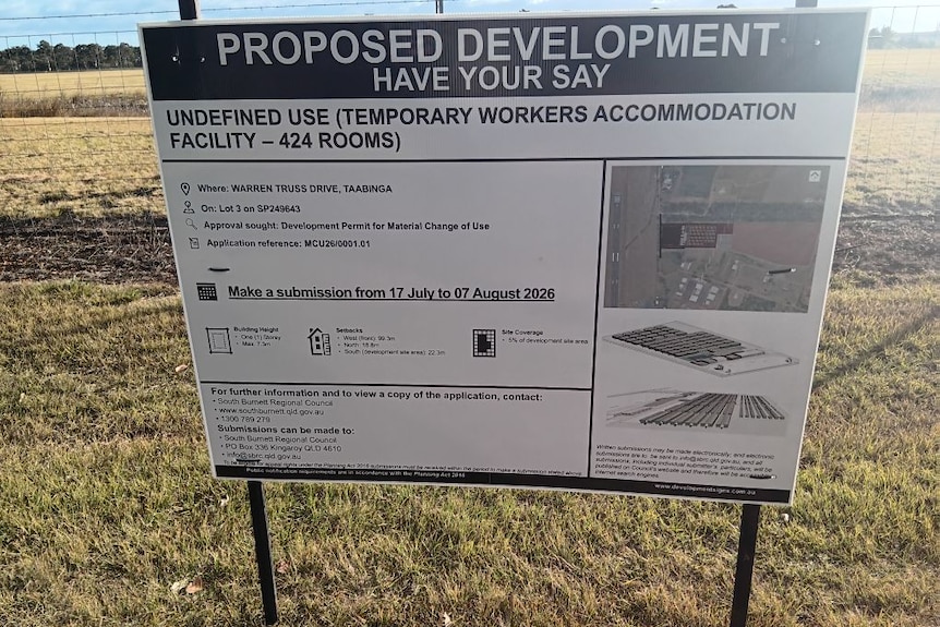 A sign notifying the public of the development application and encouraging feedback from residents.