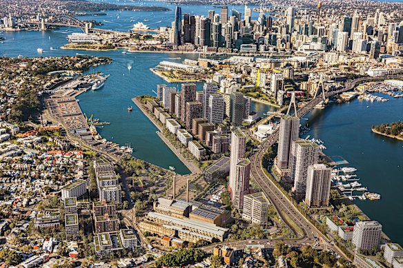 An artist’s aerial impression of what a transformed Glebe Island  might look like within the Bays West precinct.