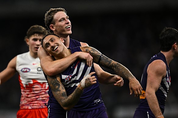 Shai Bolton of the Dockers celebrates a goal