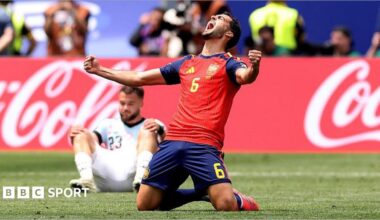 Mikel Merino celebrates his winning goal for Spain