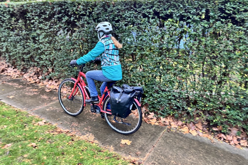 A woman rides away on her bike.