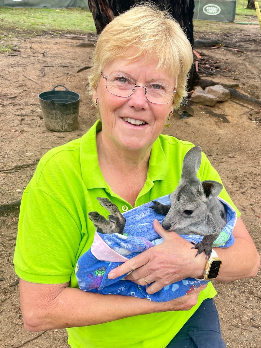 Woman smiles at camera cradling a kangaroo joey.