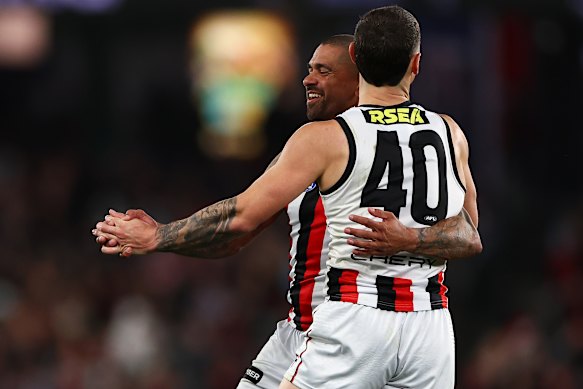 Max Hall (No.40) of the Saints celebrates with Bradley Hill of the Saints after kicking a goal.