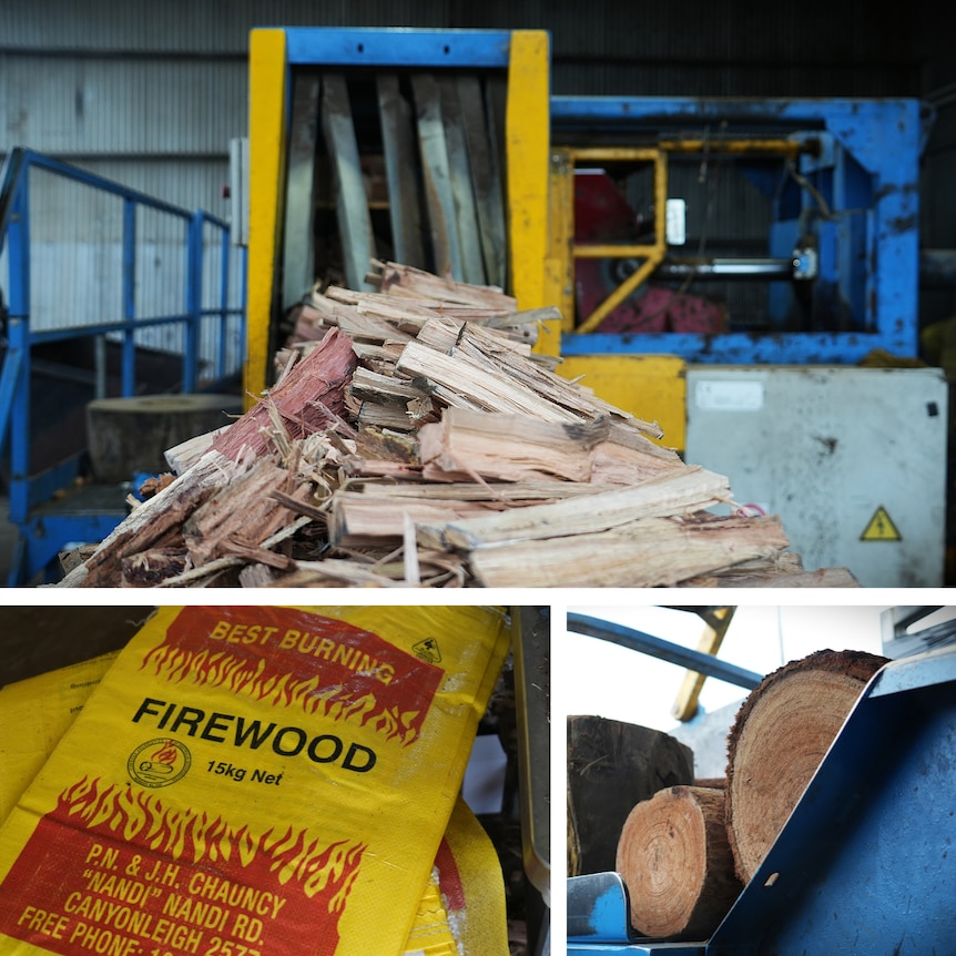 Three images sghowing a pile of chopped wood, a bag of firewood and logs on a conveyor belt.