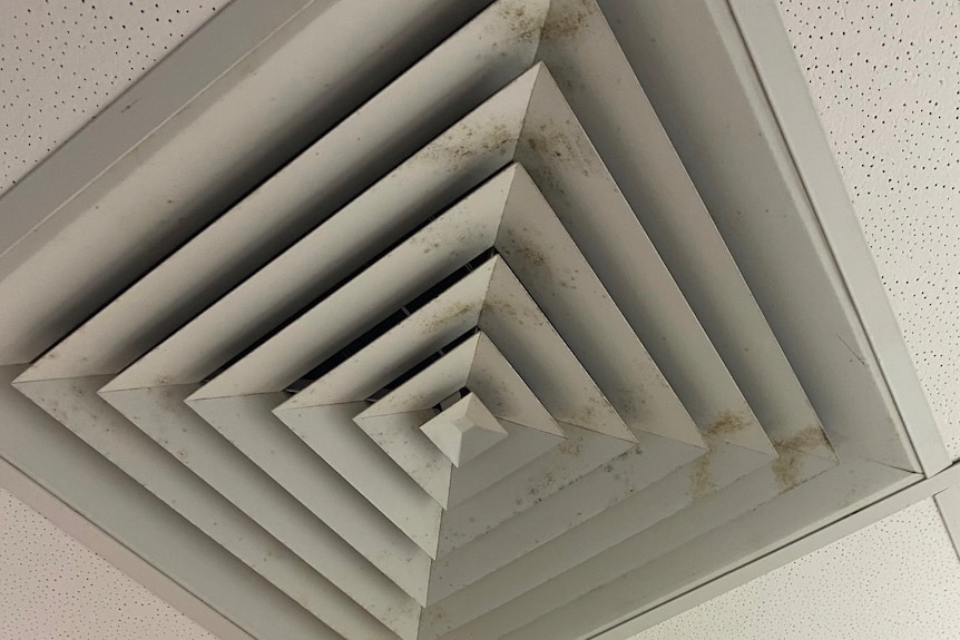 A close up of a ceiling air conditioning vent with brown mould dotted over it